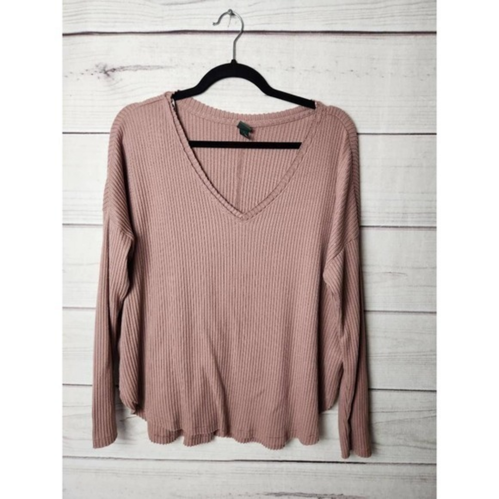 Wild Fable Womens Casual‎ Top Pink Long Sleeve V Neck Stretch Knit Ribbed M